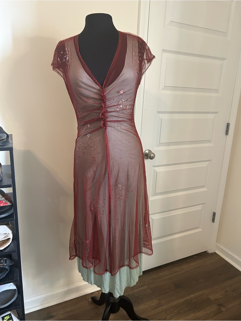 Rozae Nichols Sheer Burgundy Midi Dress with Sequin Detail